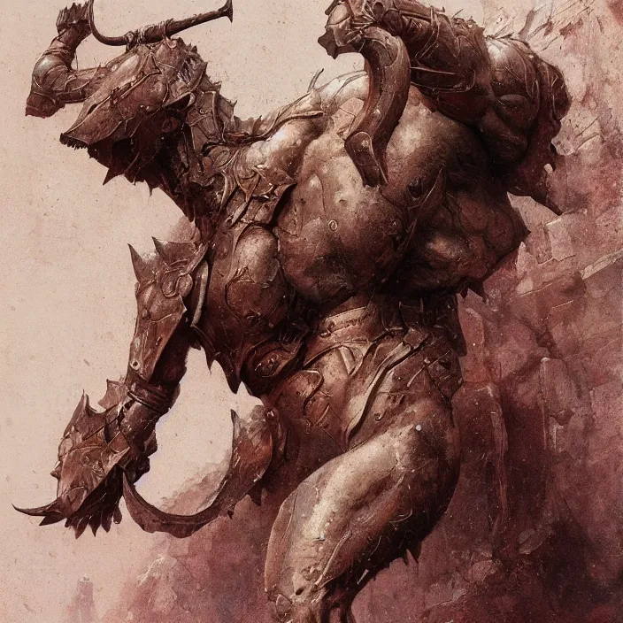 Image similar to minotaur in ancient armor, muscular body, beksinski, wayne barlowe, adrian smith fantasy art, ruan jia, trending on artstation