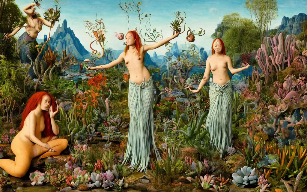 Image similar to a portrait photograph of a meditating mermaid shaman and a centaur monk feeding succulents at a wide river delta. surrounded by bulbous flowers, animals and trees. mountain range under a vast blue sky of burning stars. painted by jan van eyck, max ernst, ernst haeckel and artgerm, cgsociety, artstation, fashion editorial