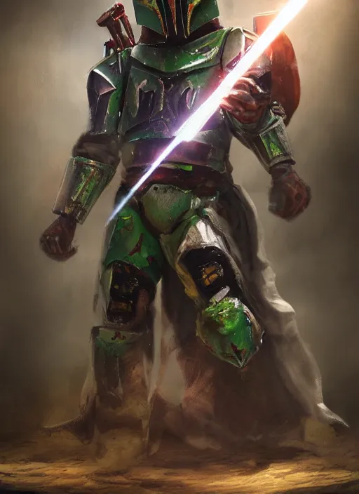 Image similar to arcane wizard x boba fett, fantasy inspired boba fett as a wizard, 3 d digital art, character mashup, epic volumetric lighting, combination art, photorealistic