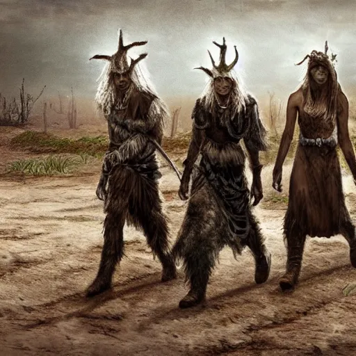 Prompt: druids walking in an empty wasteland, post - apocalyptic