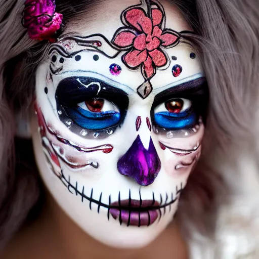 Prompt: canon mark 5, motion blur, realistic character portrait photo of a beautiful mexican girl, day of the dead makeup, muted colours, by britt marling, glitter storm