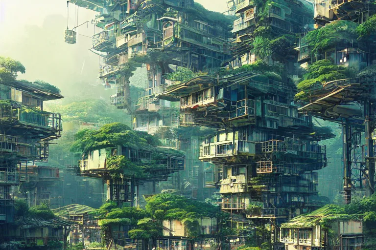 Image similar to solarpunk kowloon walled forest city, still from studio ghibli anime movie, cyberpunk tree house, digital art, artgerm, trending on artstation