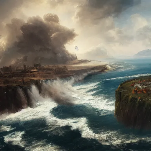 Prompt: Panorama view of a hurricane lifting ruined pieces from an ancient castle into the sky, flying island, eye of the hurricane, oil painting, by Greg Rutkowski