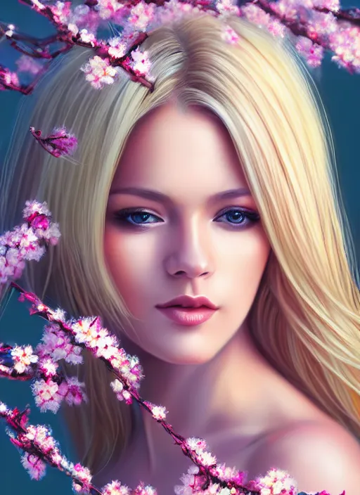 Image similar to photo of a gorgeous blonde female in the style of stefan kostic, realistic, half body shot, sharp focus, 8 k high definition, insanely detailed, intricate, elegant, art by stanley lau and artgerm, extreme blur cherry blossoms background