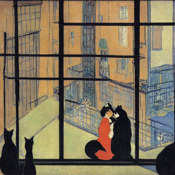 Prompt: couple under a baldachin with city seen from a window frame. fuzzy black cat. henri de toulouse - lautrec, utamaro, matisse, felix vallotton, rene magritte