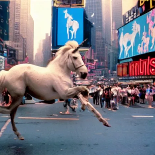 Image similar to a vivid photo of a unicorn galloping through times square in the 8 0 s