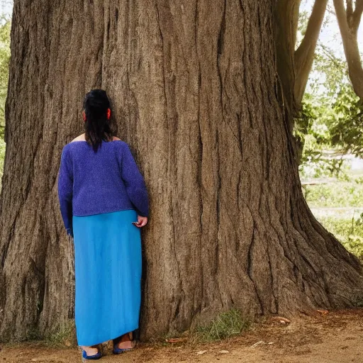 Prompt: a woman standing close to a tree