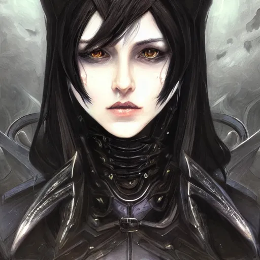 Image similar to portrait of a female dark elf by ayami kojima, she is about 2 0 years old, american, black hair, introvert, she is wearing a modern witch tactical gear, scifi, highly detailed portrait, digital painting, artstation, concept art, smooth, sharp foccus ilustration, artstation hq