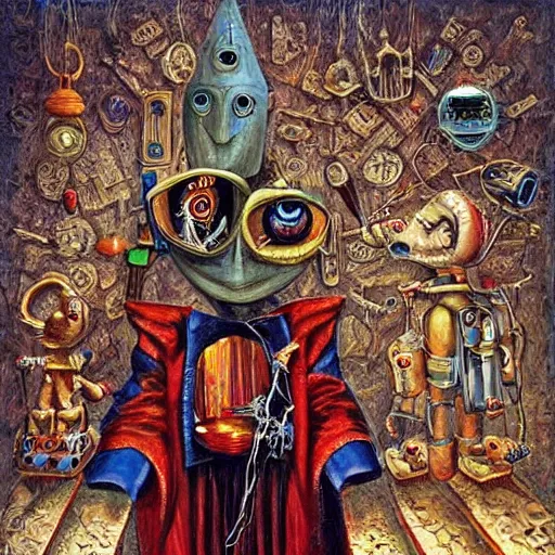 Image similar to a robed wizard, puppeteering a toy robot, in the style of michael cheval, surreal, highly detailed, super intricate, whimsical and surreal. wizard and robot puppet