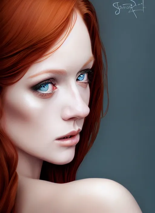 Image similar to portrait photo of a gorgeous young redhead woman with cat eyes in the style of stefan kostic, realistic, sharp focus, 8k high definition, insanely detailed, intricate, elegant, art by stanley lau and artgerm