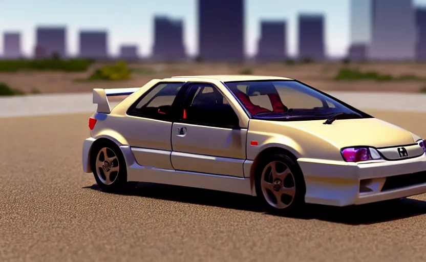 Image similar to photograph of a cell-shaded Honda EK9 Type-R with an anime girl, speeding on a desert road with a futuristic city in the horizon, kicking up dirt, action shot, one point perspective, 1-point perspective, tilt shift, sigma 85mm f/1.4, 4k, depth of field, high resolution, 4k, 8k, hd, full color