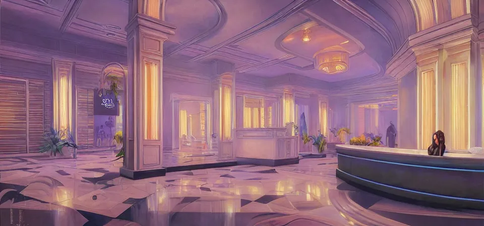 Prompt: vaporwave ombre detailed luxury hotel lobby. highly detailed, digital painting, artstation, concept art, smooth, sharp focus, illustration, ed hopper, chris moore. artgerm, tomasz alen kopera, peter mohrbacher, donato giancola, joseph christian leyendecker, wlop, boris vallejo