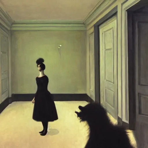 Image similar to a black scary chimera in an haunted liminal hotel abandoned room, hyperrealistic film still by edward hopper, by gottfried helnwein, by klimt, art noveau, highly detailed, strong lights, liminal, eerie, bright pastel colors,