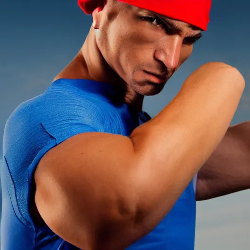 Prompt: heroic pose of an athletic man wearing a blue cap with a P on it