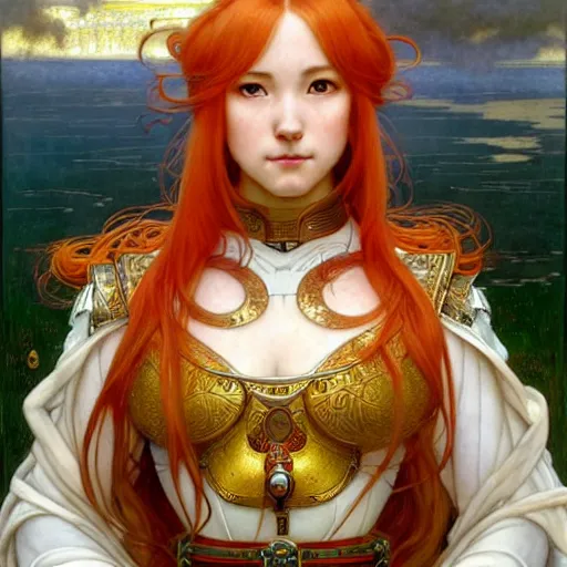 Prompt: Masterpiece head and shoulders portrait of Asuna Yuuki, young woman with orange hair wearing a partial paladin armor with a red skirt and white top, face, fantasy, intricate, elegant, highly detailed drawn by Donato Giancola and Tom Bagshaw, face by Artgerm and Edmund Leighton, Alphonse Mucha, background by James Jean and Gustav Klimt, 4k, porcelain skin, komorebi, french nouveau, trending on pixiv, octane render, hyperrealistic