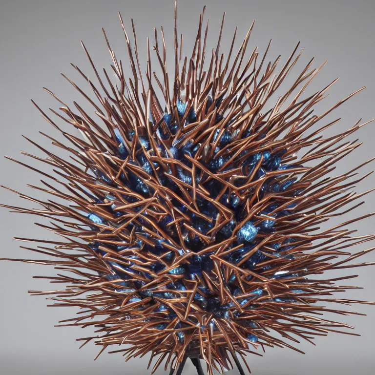 Prompt: hyperrealistic sculpture of a bronze ancient fossilized sea urchin curved spikes with opalescent blue and iridescent red spraypaint in a plywood grid cage on a pedestal by ron mueck and duane hanson and lee bontecou, hyperrealistic dramatic colored lighting trending on artstation 8 k