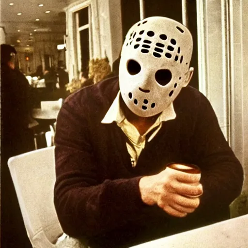 Image similar to photograph of jason voorhees having a coffee at an european caffé, light and cheerful photograph, nostalgic look