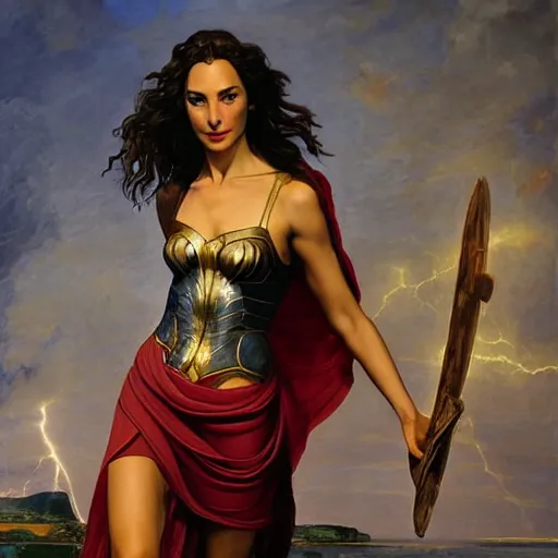 Image similar to Full body oil painting of the beautiful woman Gal Gadot, she is wearing some withe ancient roman cloths and a surreal ornate, her hair is natural disheveled, she is approaching heaven, people are claiming for her, she is attracting lightnings, naturalism, dramatic lighting, high-detailed oil painting by Ilya Repin, Michelangelo da Caravaggio, William Blake, Alex Grey and Beksinski, trending on Artsatio, hystorical painting, masterpiece, 4k, 8k,