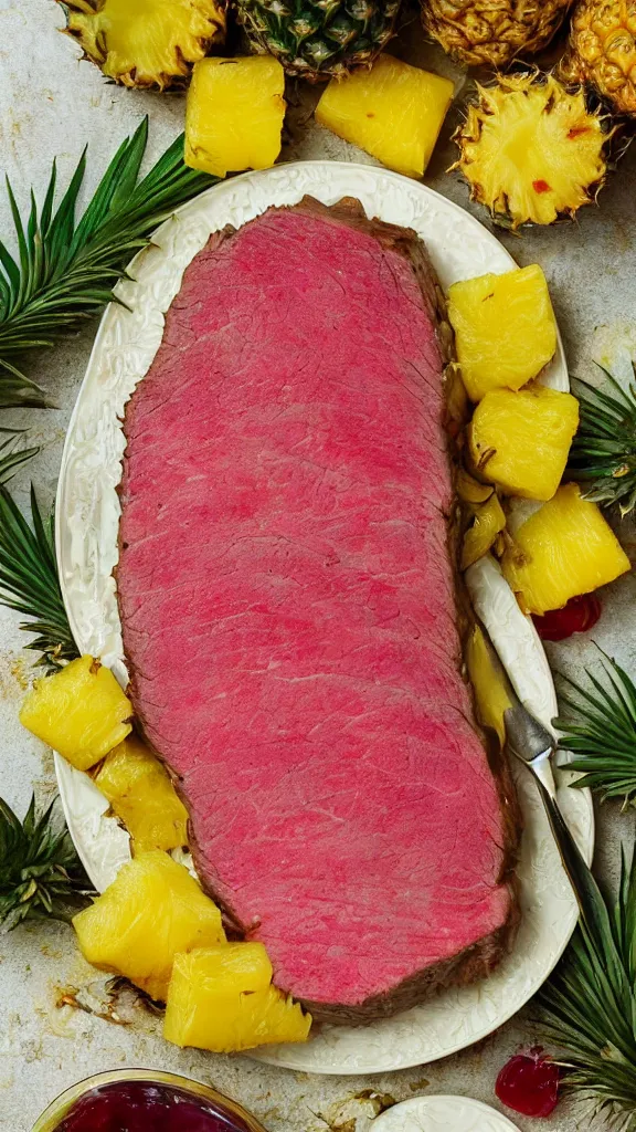 Image similar to 6 0 s food photography of a slab of roast beef, covered in jelly and pineapples, tropical vibes, on a velvet table cloth, soft focus