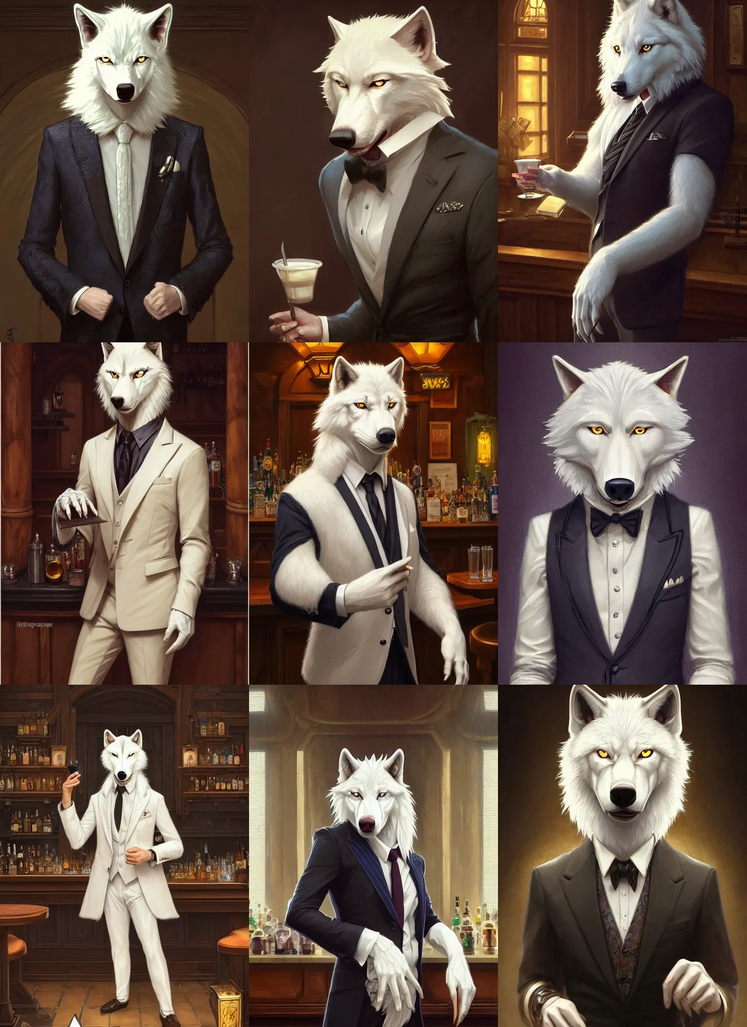 Prompt: male anthropomorphic albino wolf fursona wearing a nice suit at a bar, deep focus, intricate, elegant, highly detailed, digital painting, artstation, concept art, matte, sharp focus, illustration, d & d, fantasy, hearthstone, art by artgerm and greg rutkowski and alphonse mucha