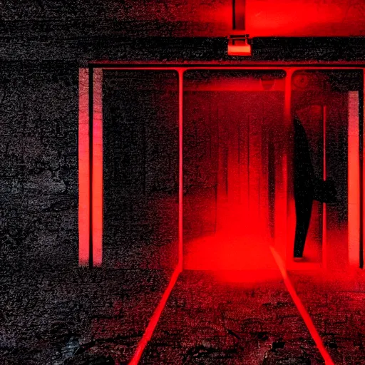 Image similar to cctv of an extremely dark empty abandoned building with glowing humanoid cryptid made out of television static, dark deep black shadows, red and black color contrast in the style of trevor henderson, liminal space, 3 d render, glitch effect