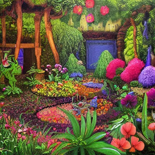 Prompt: a fairytale garden, painted by pablo amaringo