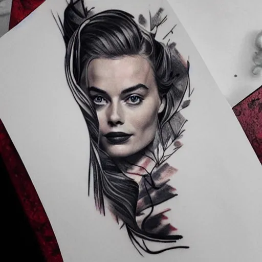 Image similar to tattoo design sketch with double exposure effect, margot robbie face and beautiful mountains, in the style of matteo pasqualin, amazing detail