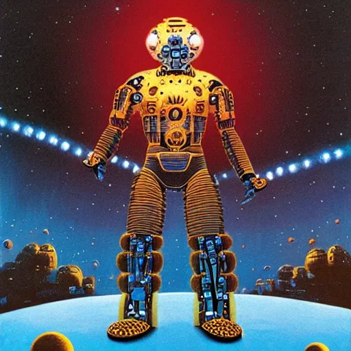 Prompt: the edge of the universe (on film), cybernetic cyborg warrior, by Rafal Olbinski and Chris Foss