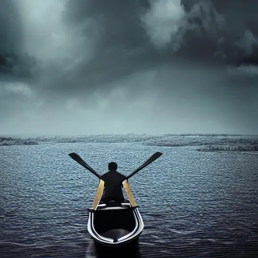 Prompt: wide angle, far view, light coming of a silhouette of a man that is rowing a little boat while its raining, digital art, but as a realistic photo