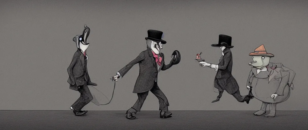 Prompt: a beautiful illustration of a strange anthropomorphic platypus creature wearing a suit and bowler hat going to job interview by James Jean | unreal engine:.3