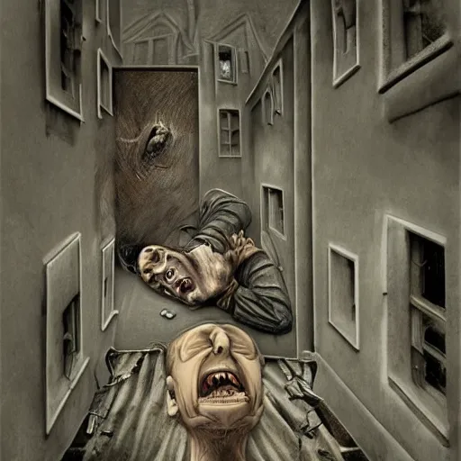 Prompt: A surreal interpretation of guilt, sorrow, dread, pain, and disgust with a man screaming in an empty locked courtyard detailed creepy WWII styled fine art.