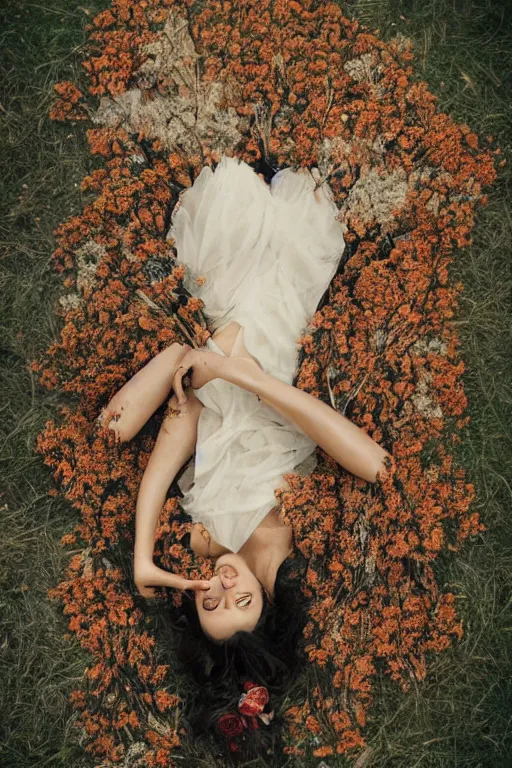 Prompt: full body fine art photo of the beauty gal gadot, she is lying down and covered by dried flowers, taken by oleg oprisco