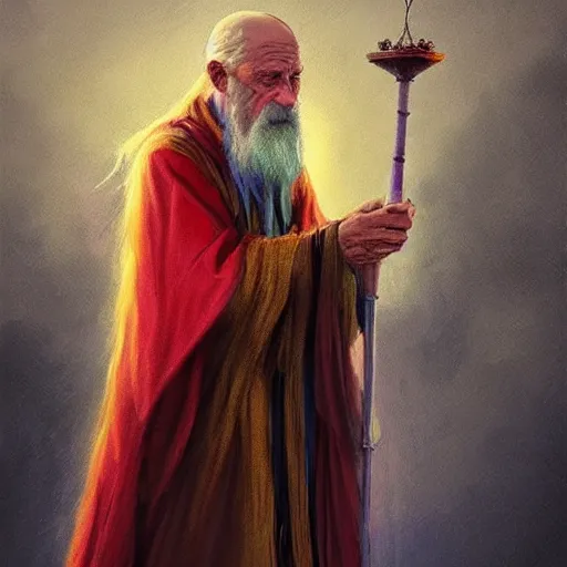 Prompt: “Old wizard with exquisite colored robes, Holding a staff with a crystal at the top, casting a spell, fantasy, D&D, 4k, ultra detailed, by Greg_Rutkowski and Viktor Antonov”