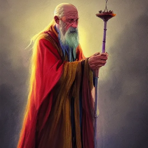 Image similar to “Old wizard with exquisite colored robes, Holding a staff with a crystal at the top, casting a spell, fantasy, D&D, 4k, ultra detailed, by Greg_Rutkowski and Viktor Antonov”