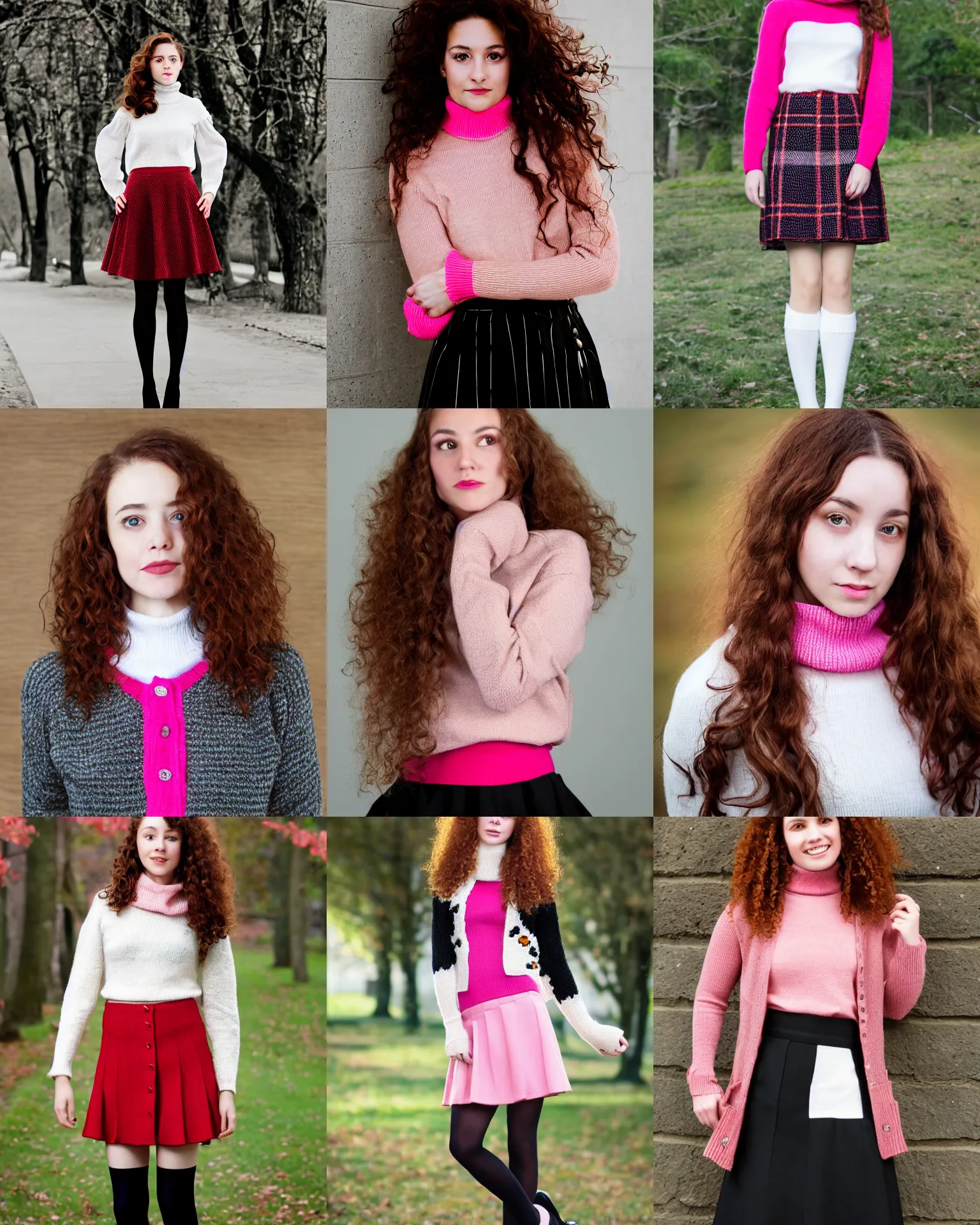 Prompt: portrait photo of a beautiful young woman with chin - length curly light auburn hair and brown eyes. she wears a pink turtleneck cardigan with short puffed sleeves and a long - sleeved white shirt underneath. she wears the standard black and red tartan skirt, white tights with a black flower pattern and black mary jane shoes. professional photography