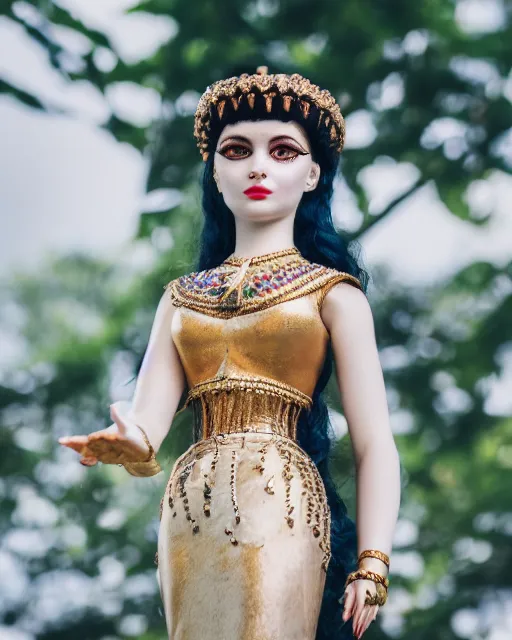 Image similar to high quality presentation photo of cleopatra as a porcelain doll, photography 4k, f1.8 anamorphic, bokeh, 4k, Canon, Nikon