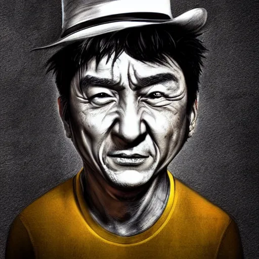 Image similar to surrealism grunge cartoon portrait sketch of Jackie Chan, by michael karcz, loony toons style, freddy krueger style, horror theme, detailed, elegant, intricate