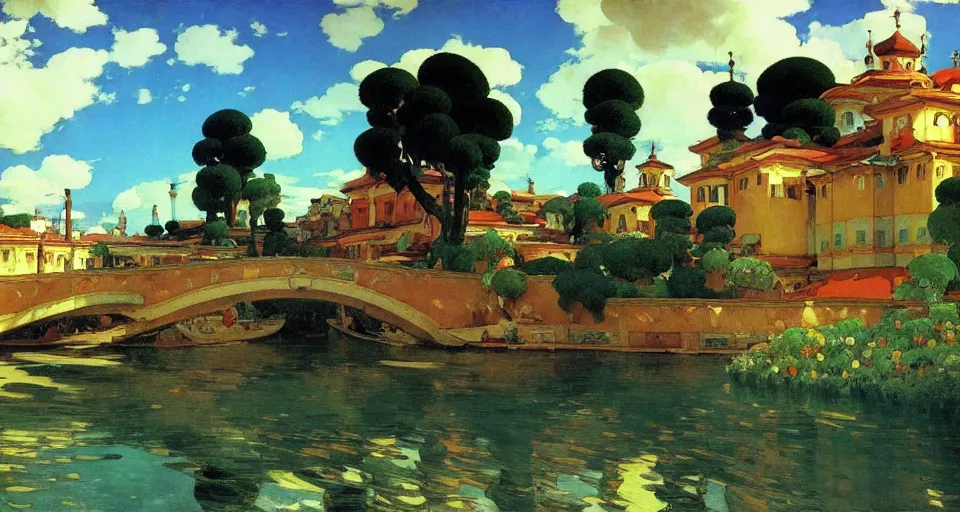 Prompt: ghibli illustrated background of a strikingly beautiful town by vasily polenov, joaquin sorolla, eugene von guerard, ivan shishkin, albert edelfelt, john singer sargent, albert bierstadt 4 k