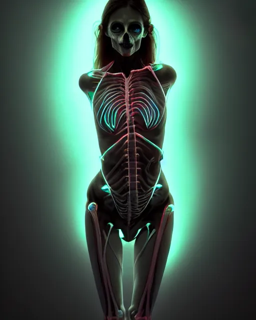 Image similar to female posing sensual figure x - ray, skeletal, glowing veins under translucent skin, highly detailed skin, bioluminescent, plasma, greg rutkowski, 8 k trending on artstation