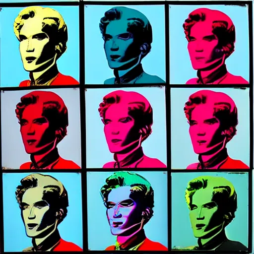 Image similar to old - style cyborg, 6 panels by andy warhol, with highly contrasted colors and an illuminating background