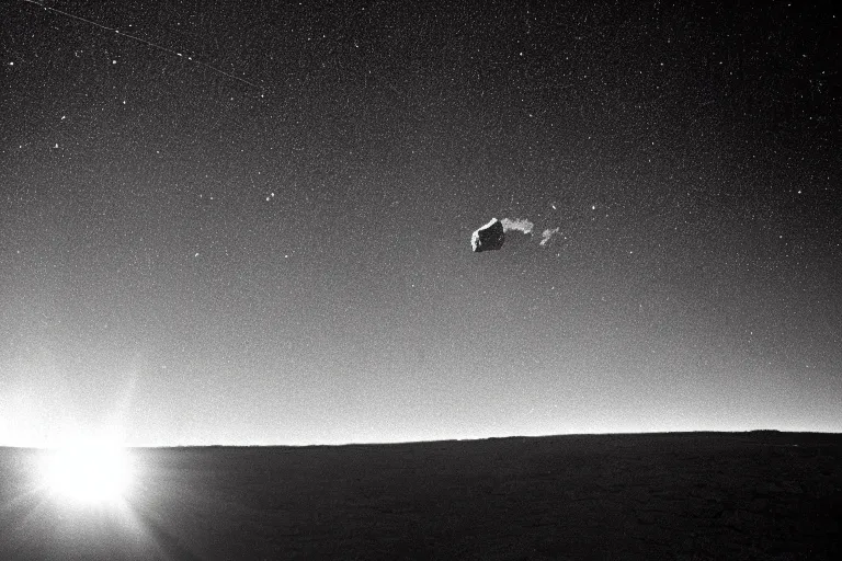 Image similar to a photo taken from a rover on the surface of a meteoroid careening through the cosmos, black and white, spielberg, 3 5 mm film, cinematic 4 k