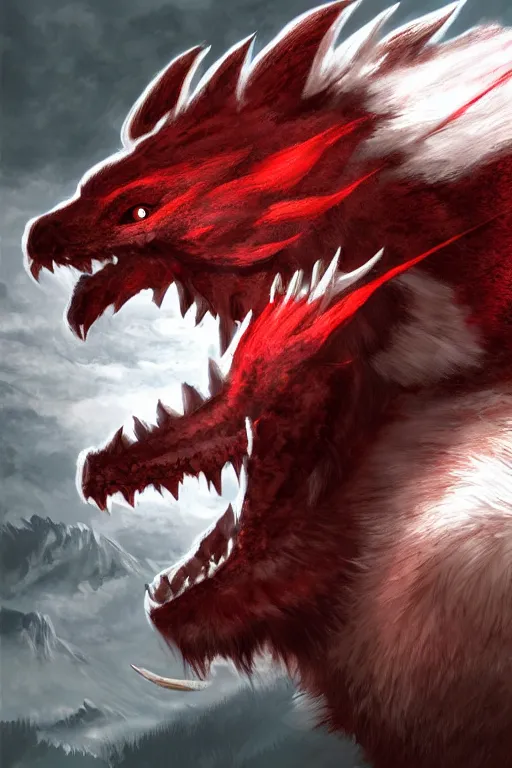 Prompt: Draconic crimson red bear with white stripes, Monster Hunter, CAPCOM, HD, trending on artstation, D&D, Dark Fantasy, Epic Fantasy, Dragon's Dogma