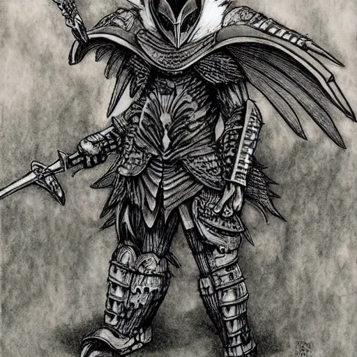 Prompt: barn owl warrior wearing an armor by Kentaro Miura