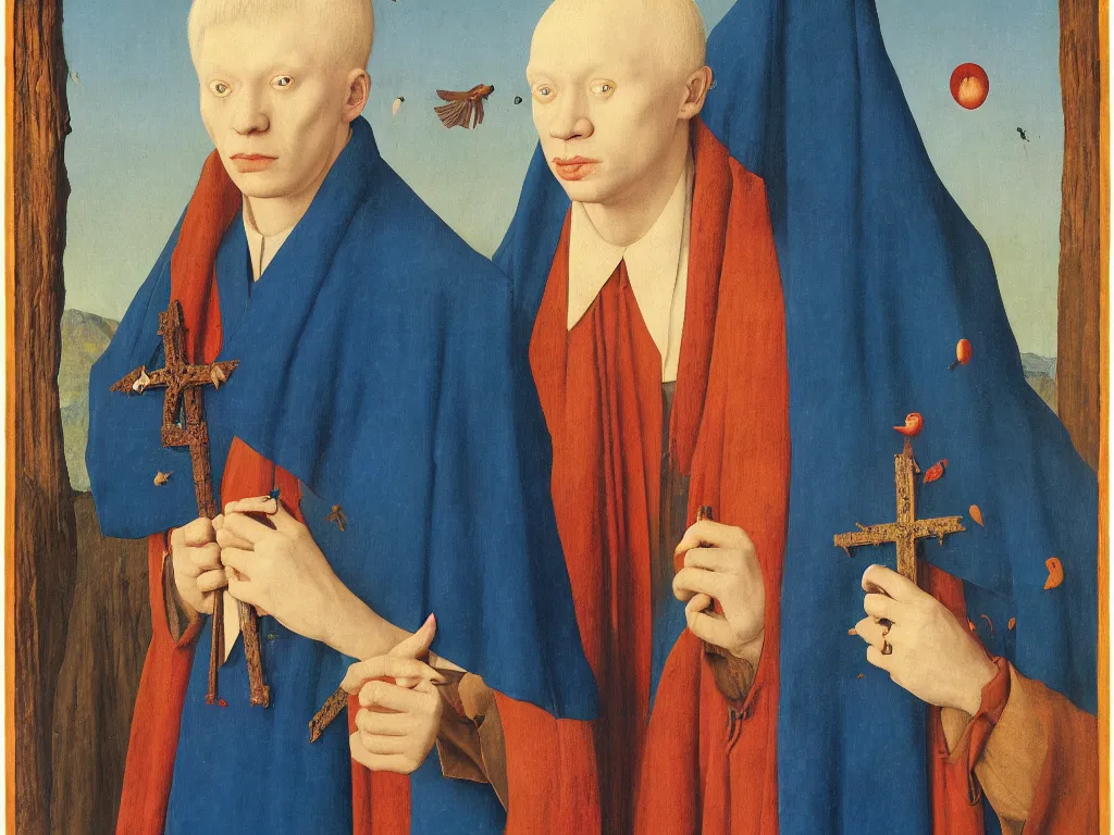 Image similar to Portrait of albino mystic with blue eyes, with cross. Painting by Jan van Eyck, Audubon, Rene Magritte, Agnes Pelton, Max Ernst, Walton Ford