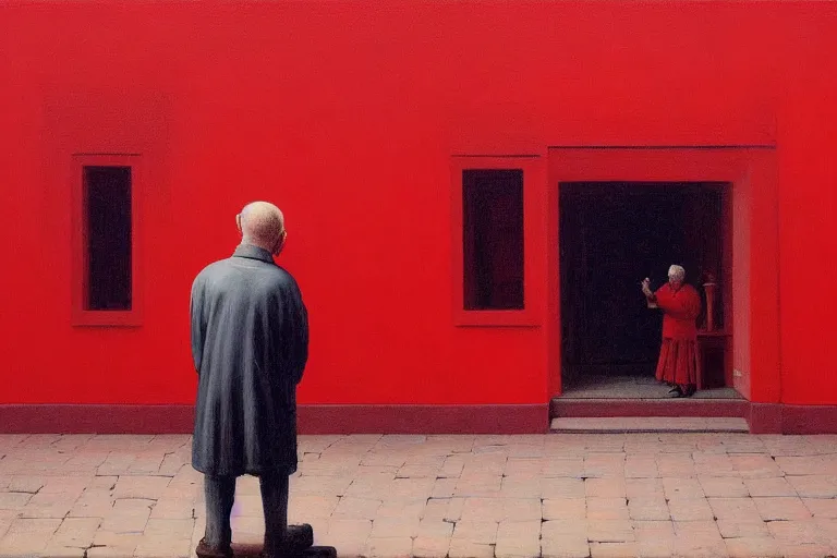 Prompt: only with red, a red old man try to sell a portrait, cheering crowd, in a old city square, in the style of beksinski, parts by edward hopper, parts by rodcenko, parts by yue minjun, intricate and epic composition, red by caravaggio, insanely quality, highly detailed, masterpiece, red light, artstation, 4 k