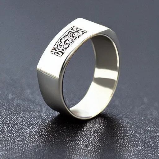 Image similar to “a family signet ring made from reflective metal, realistic reflections, high quality, intricate, 8k, extremely detailed, extremely realistic, clear shadows”