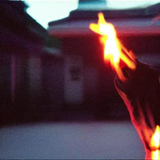 Image similar to cinematic film still of rapper DDG starring as a Japanese Sensei with fire, Japanese CGI, VFX, 2003, 40mm lens, shallow depth of field, film photography