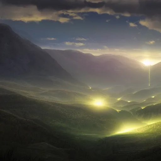 Image similar to huge valley, extreme drama, distant glow, hdr, movie still, fully photorealistic, artstation, beautiful concept art, sharp luminescent focus, nd 6, sony fx 6, glowing luminescent invocations