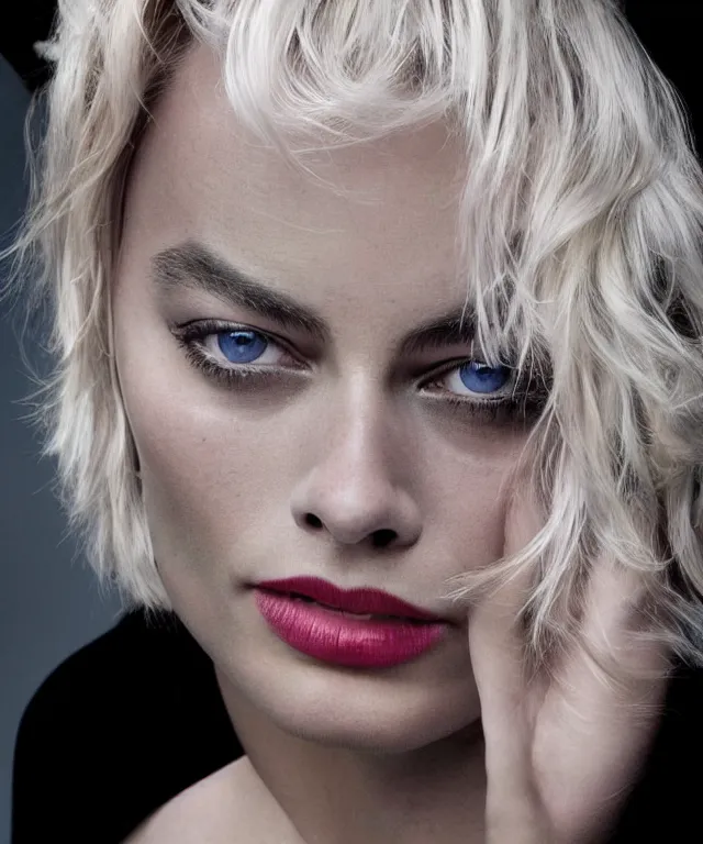 Image similar to a color photograph of margot robbie, by thomas ruff, platinum blond, intense, bold, exaggerated, ultra sharp, extra details, ultra high quality, trending on pinteresst