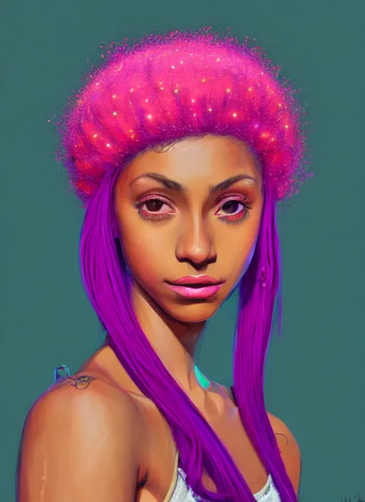 Image similar to portrait of teenage vanessa morgan with bright pink hair, black girl, curly pixie cut hair, wearing a purple breton cap, breton cap, hoop earrings, intricate, elegant, glowing lights, highly detailed, digital painting, artstation, concept art, smooth, sharp focus, illustration, art by wlop, mars ravelo and greg rutkowski